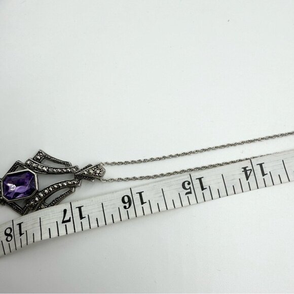 Vtg Avon 1994 Art Deco Necklace Faux Amethyst Marcasite Pendant in SilverTone - Picture 9 of 9